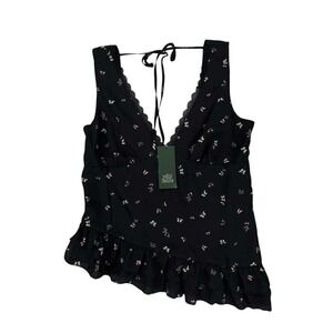 Wild Fable Black Butterfly Print Sleeveless Top Lace Ruffle Hem Blouse S NWT